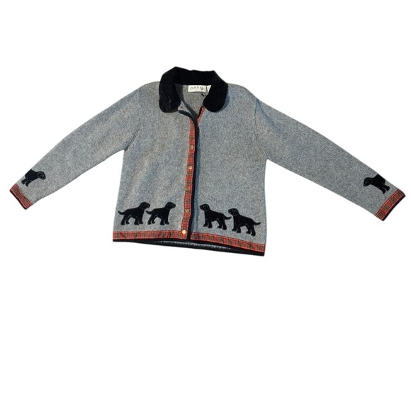 ORVIS Women's Wool Cardigan Plaid & Velvet Trim Puppies Black Dog Puppy Medium - Picture 1 of 13